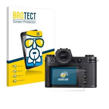 Parte frontale di una confezione del prodotto con il logo del marchio BROTECT. Accanto è raffigurato il dispositivo Leica SL3-