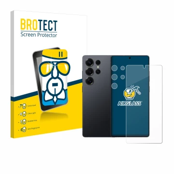 Parte frontale di una confezione del prodotto con il logo del marchio BROTECT. Accanto è raffigurato il dispositivo Samsung Ga