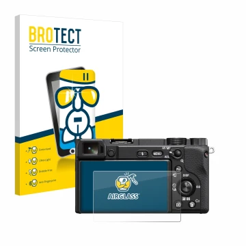 Parte frontale di una confezione del prodotto con il logo del marchio BROTECT. Accanto è raffigurato il dispositivo Sony Alpha