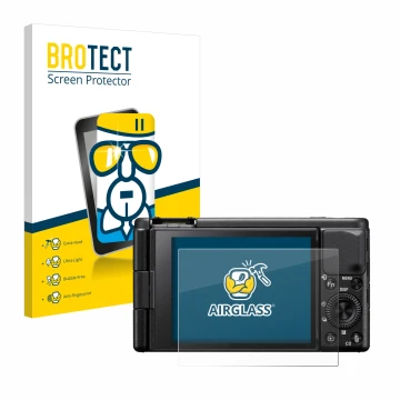 Parte frontale di una confezione del prodotto con il logo del marchio BROTECT. Accanto è raffigurato il dispositivo Sony ZV-1A