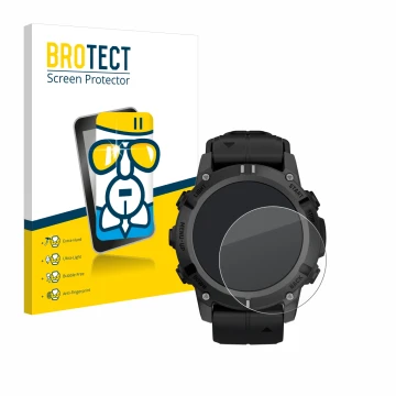 Parte frontale di una confezione del prodotto con il logo del marchio BROTECT. Accanto è raffigurato il dispositivo Garmin Des