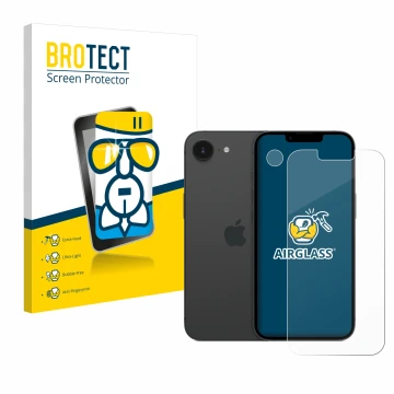 Parte frontale di una confezione del prodotto con il logo del marchio BROTECT. Accanto è raffigurato il dispositivo Apple iPho