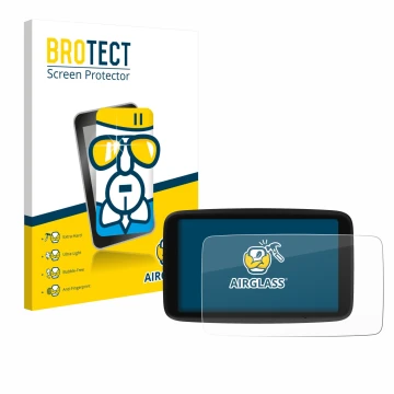 Parte frontale di una confezione del prodotto con il logo del marchio BROTECT. Accanto è raffigurato il dispositivo TomTom Go 