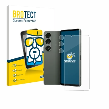 Parte frontale di una confezione del prodotto con il logo del marchio BROTECT. Accanto è raffigurato il dispositivo Sony Xperi