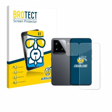 Parte frontale di una confezione del prodotto con il logo del marchio BROTECT. Accanto è raffigurato il dispositivo Xiaomi 15 