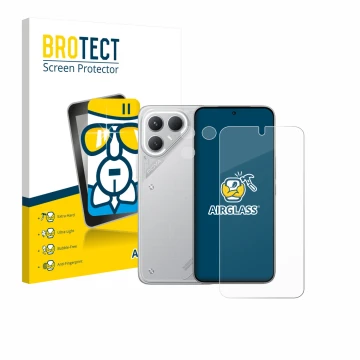 Parte frontale di una confezione del prodotto con il logo del marchio BROTECT. Accanto è raffigurato il dispositivo Tecno Pova