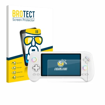 Parte frontale di una confezione del prodotto con il logo del marchio BROTECT. Accanto è raffigurato il dispositivo Anbernic R