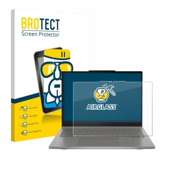 Parte frontale di una confezione del prodotto con il logo del marchio BROTECT. Accanto è raffigurato il dispositivo Lenovo Thi