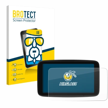 Parte frontale di una confezione del prodotto con il logo del marchio BROTECT. Accanto è raffigurato il dispositivo TomTom GO 