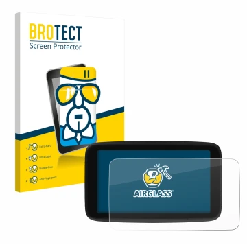 Parte frontale di una confezione del prodotto con il logo del marchio BROTECT. Accanto è raffigurato il dispositivo TomTom GO 