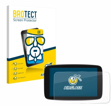 Parte frontale di una confezione del prodotto con il logo del marchio BROTECT. Accanto è raffigurato il dispositivo TomTom Go 
