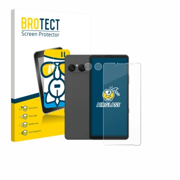 Parte frontale di una confezione del prodotto con il logo del marchio BROTECT. Accanto è raffigurato il dispositivo Sony Xperi