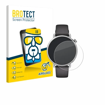 Parte frontale di una confezione del prodotto con il logo del marchio BROTECT. Accanto è raffigurato il dispositivo Xiaomi Wat