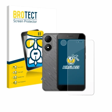 Parte frontale di una confezione del prodotto con il logo del marchio BROTECT. Accanto è raffigurato il dispositivo HTC Wildfi