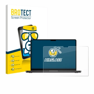 Parte frontale di una confezione del prodotto con il logo del marchio BROTECT. Accanto è raffigurato il dispositivo Apple MacB