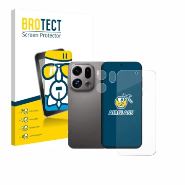 Parte frontale di una confezione del prodotto con il logo del marchio BROTECT. Accanto è raffigurato il dispositivo Oppo Find 