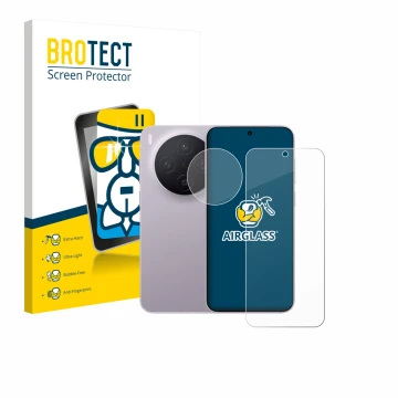 Parte frontale di una confezione del prodotto con il logo del marchio BROTECT. Accanto è raffigurato il dispositivo Vivo X300 