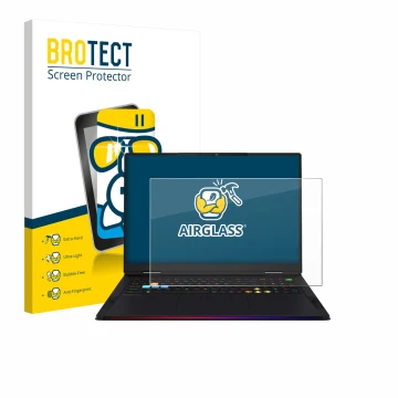Parte frontale di una confezione del prodotto con il logo del marchio BROTECT. Accanto è raffigurato il dispositivo MSI Raider
