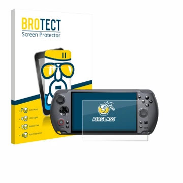 Parte frontale di una confezione del prodotto con il logo del marchio BROTECT. Accanto è raffigurato il dispositivo GPD Win 5 