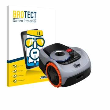 Parte frontale di una confezione del prodotto con il logo del marchio BROTECT. Accanto è raffigurato il dispositivo Navimow i1