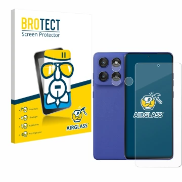Parte frontale di una confezione del prodotto con il logo del marchio BROTECT. Accanto è raffigurato il dispositivo Motorola E