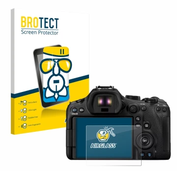 Parte frontale di una confezione del prodotto con il logo del marchio BROTECT. Accanto è raffigurato il dispositivo Canon EOS 