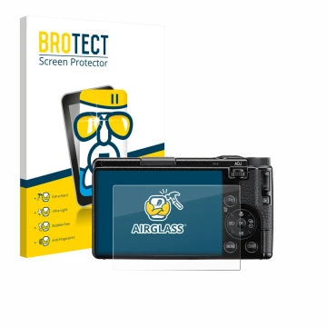 Parte frontale di una confezione del prodotto con il logo del marchio BROTECT. Accanto è raffigurato il dispositivo Ricoh GR I