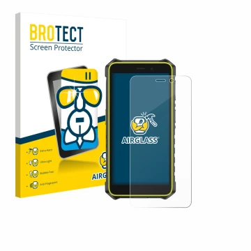 Parte frontale di una confezione del prodotto con il logo del marchio BROTECT. Accanto è raffigurato il dispositivo Ulefone Ru