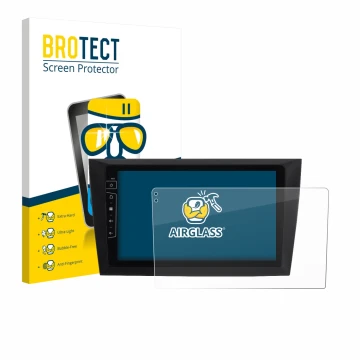 Parte frontale di una confezione del prodotto con il logo del marchio BROTECT. Accanto è raffigurato il dispositivo Dynavin D8