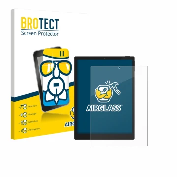 Parte frontale di una confezione del prodotto con il logo del marchio BROTECT. Accanto è raffigurato il dispositivo Hannspree 