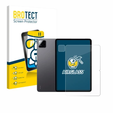 Parte frontale di una confezione del prodotto con il logo del marchio BROTECT. Accanto è raffigurato il dispositivo Xiaomi Pad