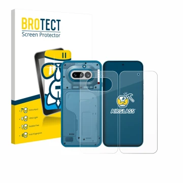 Parte frontale di una confezione del prodotto con il logo del marchio BROTECT. Accanto è raffigurato il dispositivo Nothing Ph