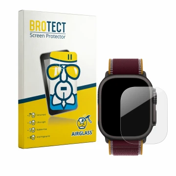 Parte frontale di una confezione del prodotto con il logo del marchio BROTECT. Accanto è raffigurato il dispositivo Apple Watc