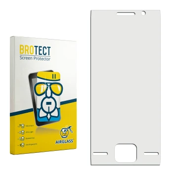 Parte frontale di una confezione del prodotto con il logo del marchio BROTECT. Accanto si trova la protezione per lo schermo c