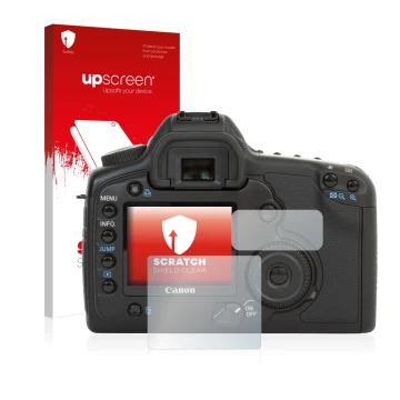 Parte frontale di una confezione del prodotto con il logo del marchio upscreen. Accanto è raffigurato il dispositivo Canon EOS