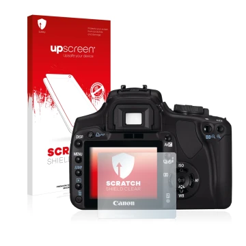 Parte frontale di una confezione del prodotto con il logo del marchio upscreen. Accanto è raffigurato il dispositivo Canon EOS