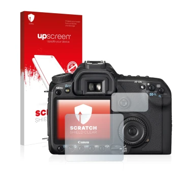 Parte frontale di una confezione del prodotto con il logo del marchio upscreen. Accanto è raffigurato il dispositivo Canon EOS