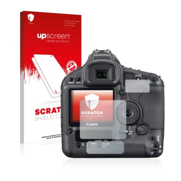 Parte frontale di una confezione del prodotto con il logo del marchio upscreen. Accanto è raffigurato il dispositivo Canon EOS
