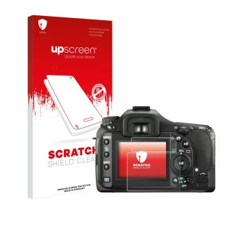 Parte frontale di una confezione del prodotto con il logo del marchio upscreen. Accanto è raffigurato il dispositivo Pentax K2