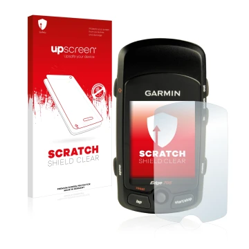 Parte frontale di una confezione del prodotto con il logo del marchio upscreen. Accanto è raffigurato il dispositivo Garmin Ed