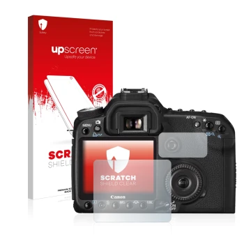 Parte frontale di una confezione del prodotto con il logo del marchio upscreen. Accanto è raffigurato il dispositivo Canon EOS