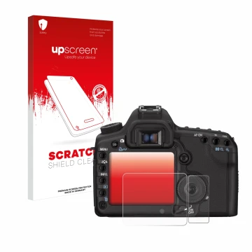 Parte frontale di una confezione del prodotto con il logo del marchio upscreen. Accanto è raffigurato il dispositivo Canon EOS