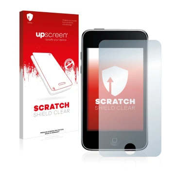 Parte frontale di una confezione del prodotto con il logo del marchio upscreen. Accanto è raffigurato il dispositivo Apple iPo