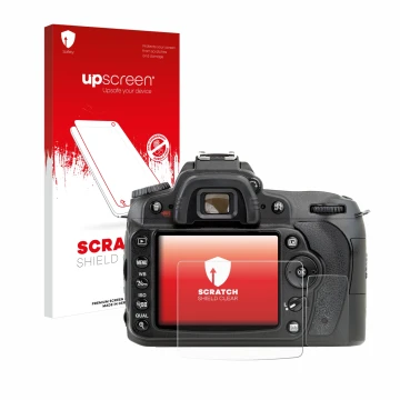 Parte frontale di una confezione del prodotto con il logo del marchio upscreen. Accanto è raffigurato il dispositivo Nikon D90