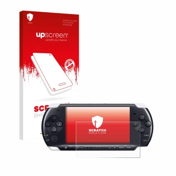 Parte frontale di una confezione del prodotto con il logo del marchio upscreen. Accanto è raffigurato il dispositivo Sony PSP 
