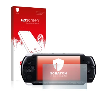 Parte frontale di una confezione del prodotto con il logo del marchio upscreen. Accanto è raffigurato il dispositivo Sony PSP 
