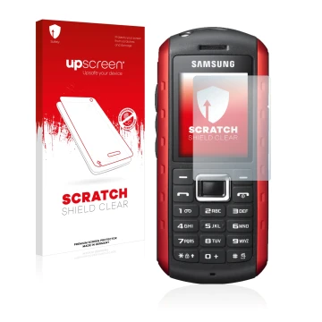 Parte frontale di una confezione del prodotto con il logo del marchio upscreen. Accanto è raffigurato il dispositivo Samsung B
