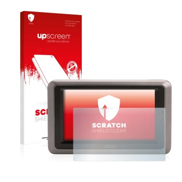 Parte frontale di una confezione del prodotto con il logo del marchio upscreen. Accanto è raffigurato il dispositivo Garmin zu