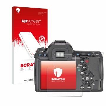 Parte frontale di una confezione del prodotto con il logo del marchio upscreen. Accanto è raffigurato il dispositivo Pentax K7