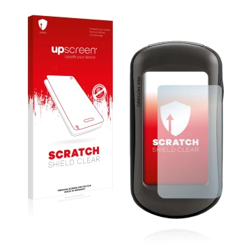 Parte frontale di una confezione del prodotto con il logo del marchio upscreen. Accanto è raffigurato il dispositivo Garmin Or